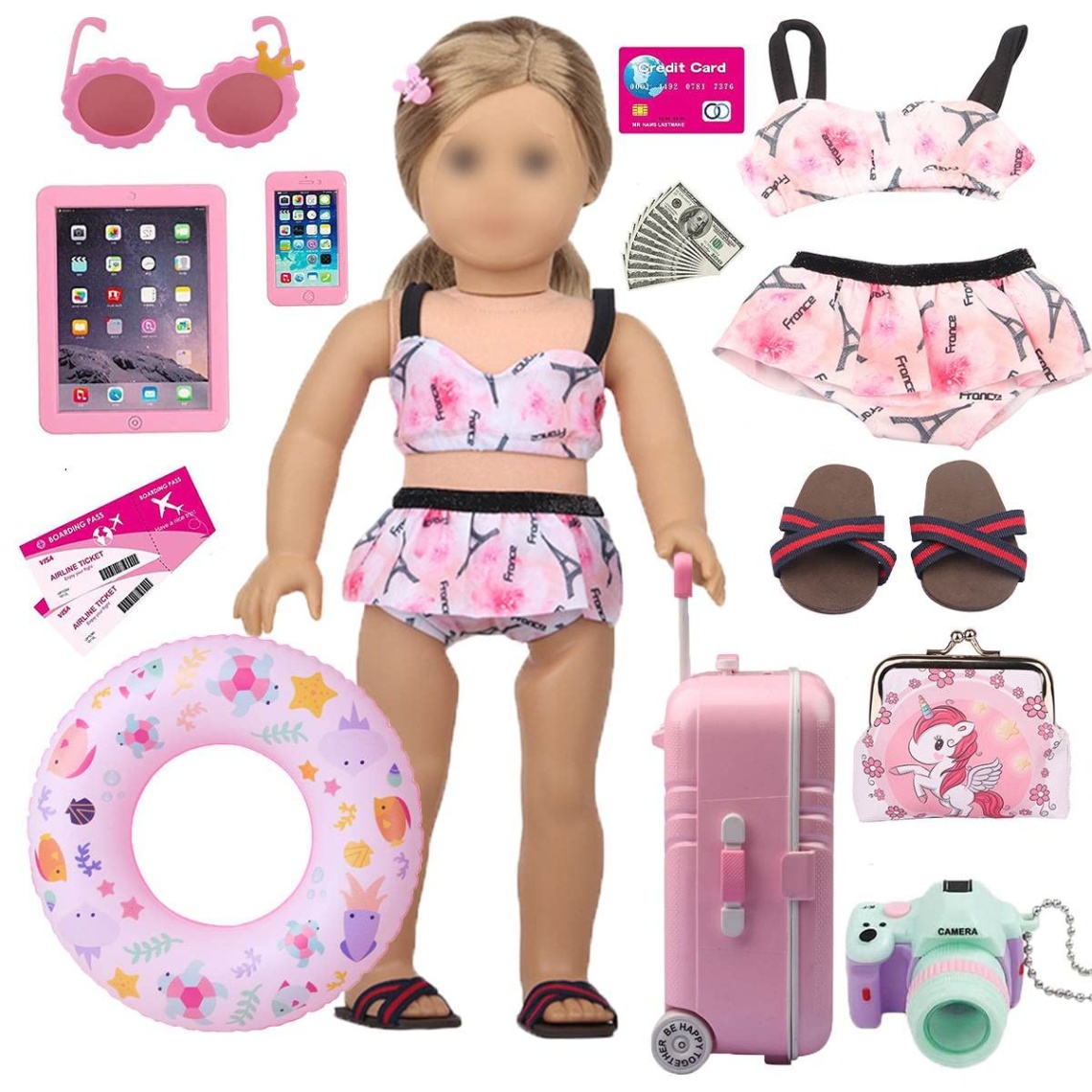 dolls and accessories Niche Utama Home American  inch Doll Accessories-Include Suitcase,Doll Swimming  Suit,Swimming Ring,Sunglasses,Camera,etc
