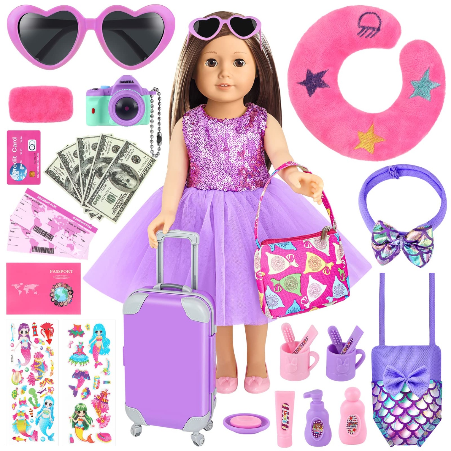 dolls and accessories Niche Utama Home  PCS  Inch Girl Doll Accessories Suitcase Travel Play Set - Camera,  Suitcase Stickers, Toiletries, Pillow, Blindfold, Sunglasses, Passport,